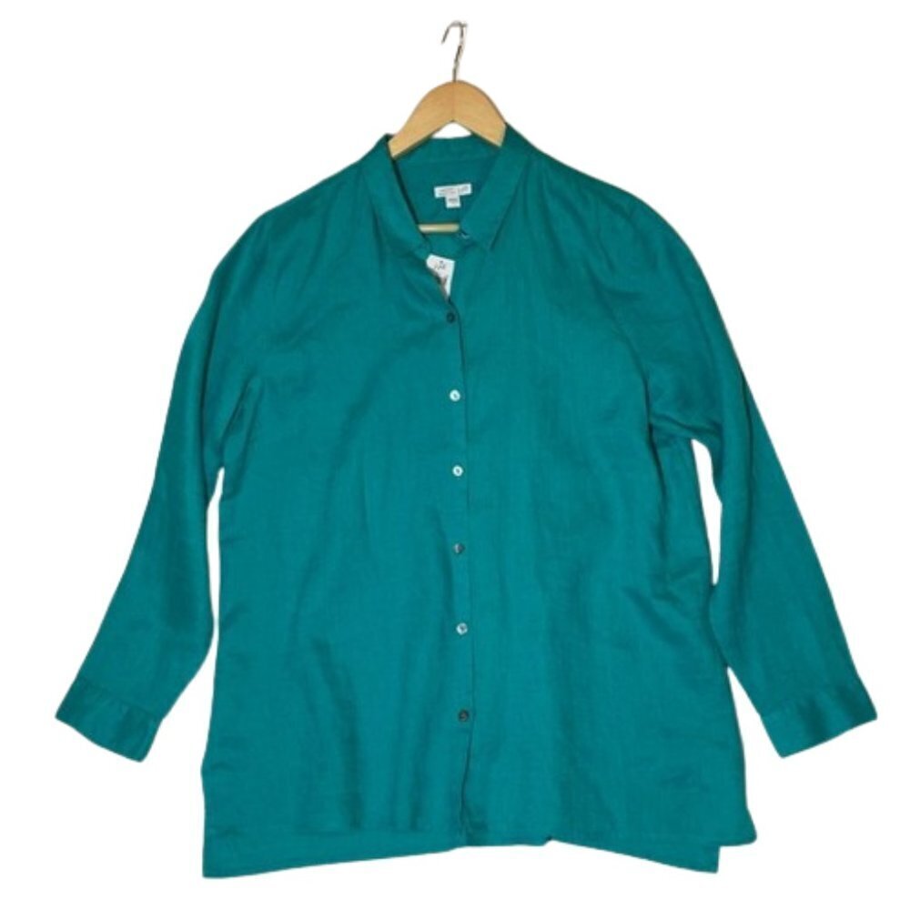 New J. Jill Love Linen Lagoon Teal Button Up Blouse size Large
